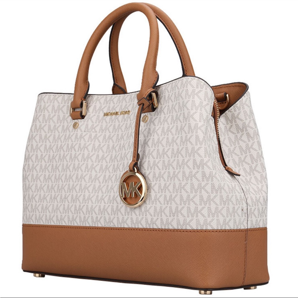 Michael Kors Savannah Large Satchel purse Vanilla Acorn white tan, gold hardware